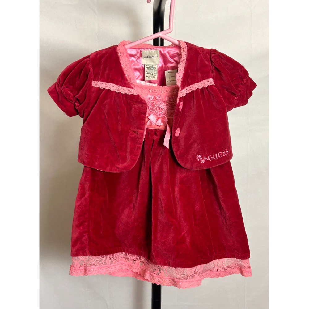 Vintage Y2K Guess Jeans Girls Velvet Dress Bolero Set Red Pink Lace 24M